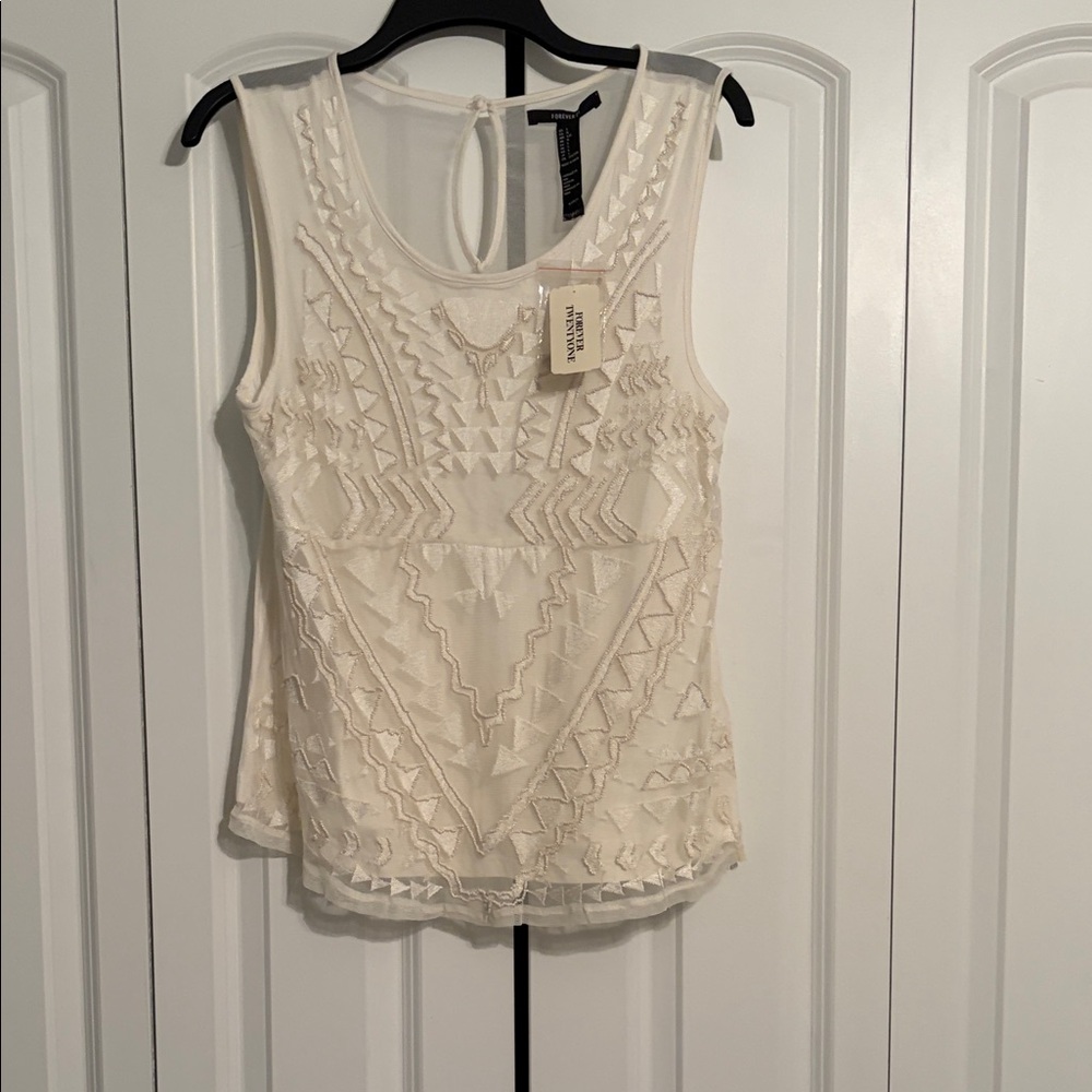 Forever 21 Ivory Geometric Embroidered Blouse